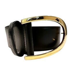 Lancel Cowhide Leather Belt Chunky Gold Buckle Women's 80 Large Black‎ Luxury